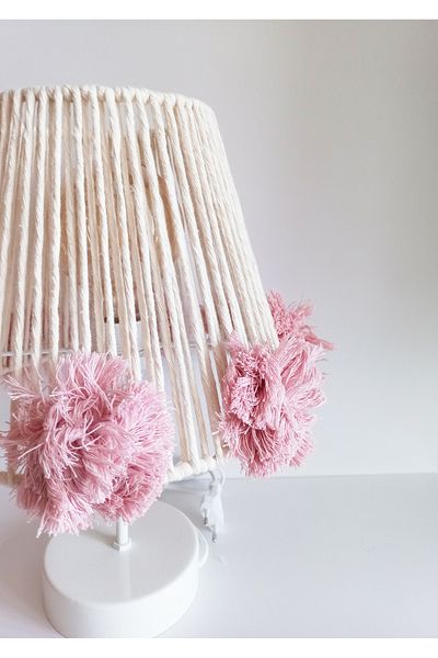 C&A&B KUZEY AVİZE MACROME ECRU ROPE PENDER PINK HANDMADE POMPOM BABY GIRL AND CHILDREN'S ROOM LAMPSHADE