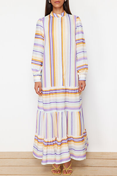 Trendyol Modest Lila pruhovaná sukně volánkový plátěný vzhled tkané šaty TCTSS24EB00105