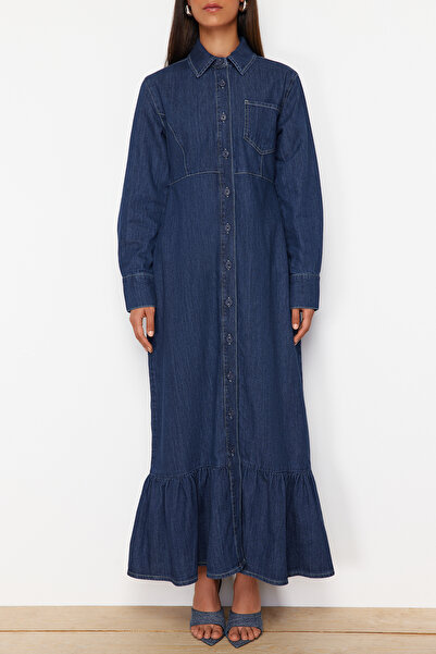 Trendyol Collection Tmavě modré maxi džínové košilové šaty - sukně, TWOSS24EL00768