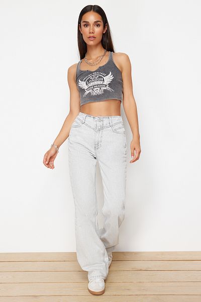 Trendyol Collection Gray Waist Detailed High Waist Wide Leg Jeans TWOSS21JE0385