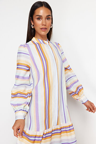 Trendyol Modest Lila pruhovaná sukně volánkový plátěný vzhled tkané šaty TCTSS24EB00105