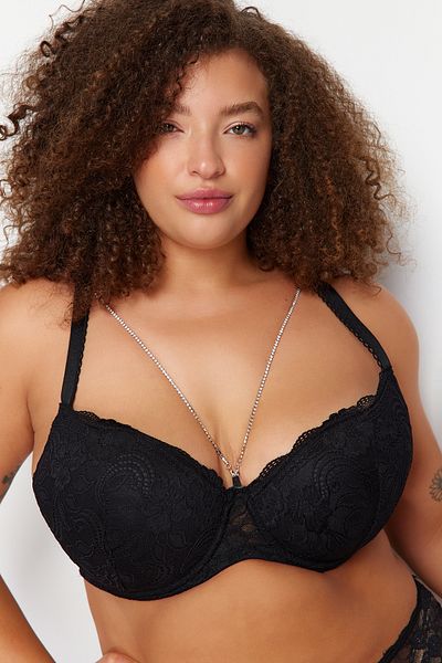 Trendyol Curve Schwarzer Balconette-BH mit fester Kette und Mikro-Besatz TBBSS24CW00014