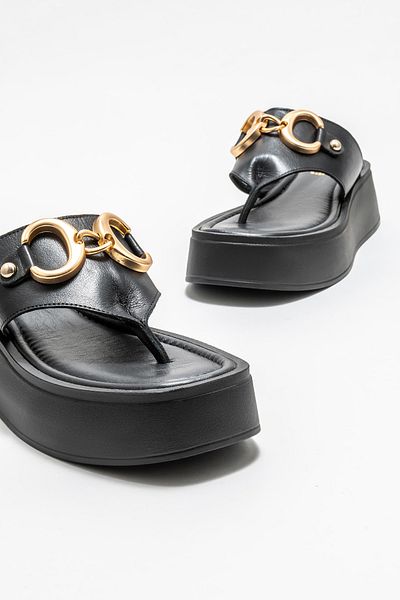 Elle Shoes Black Leather Women's Wedge Heel Slippers