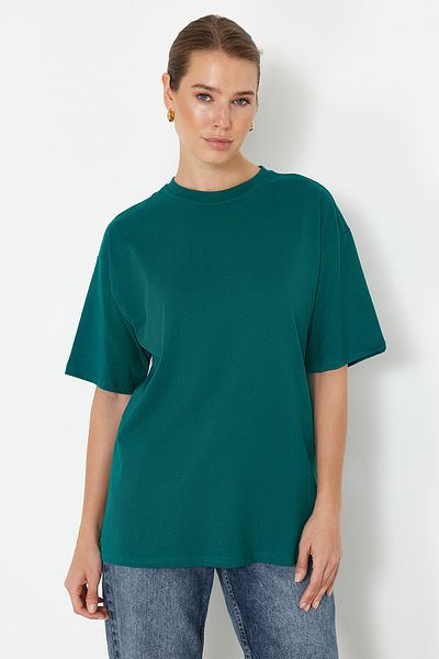 Trendyol Collection Smaragdgrünes Oversize-Baumwoll-T-Shirt TWOSS23TS00040