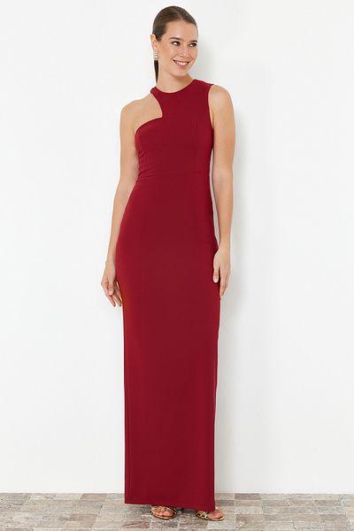 Trendyol Collection Βραδινό υφασμένο μακρύ βραδινό φόρεμα με μπορντό σώμα TPRSS24AE00143