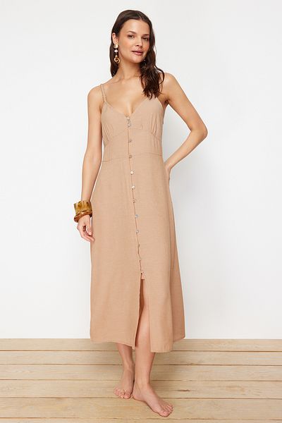 Trendyol Collection Béžové midi tkané plážové šaty TBESS24EL00153