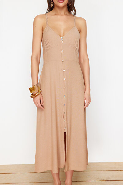 Trendyol Collection Μπεζ Μίντι Υφαντό Φόρεμα Παραλίας TBESS24EL00153