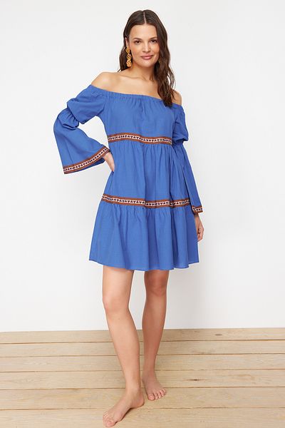 Trendyol Collection Rochie de plajă cu volane mini țesute Saks TBESS24EL00090