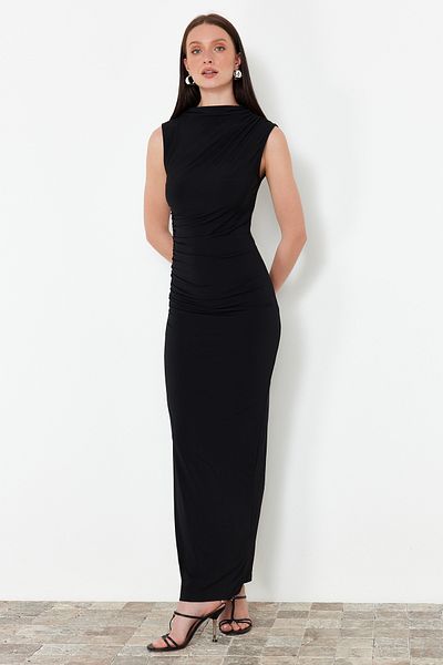 Trendyol Collection Μαύρο ντραπέ Εφαρμοσμένο/Εφαρμοσμένο όρθιο γιακά Αμάνικο ελαστικό πλεκτό μάξι μολύβι φόρεμα TWOSS24EL00830