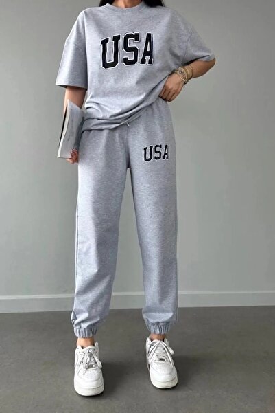 Frisson Gray Printed Usa T-Shirt and Sweatpants Set - Oversize Crew Neck