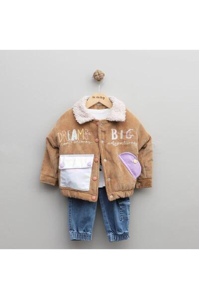 Ma Moi Baby Camel Kuzu Yakalı Kadife Mont Takım 3’lü