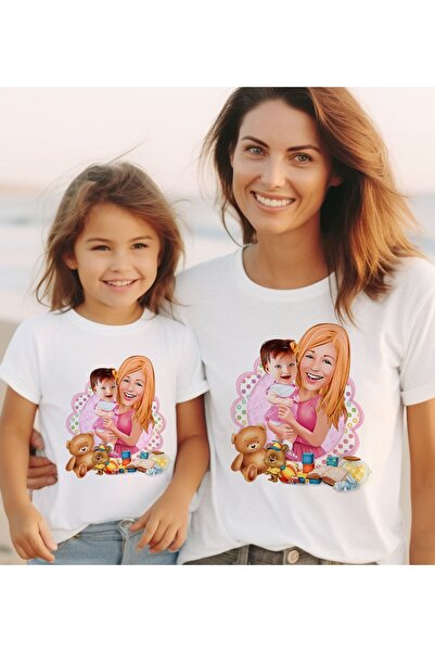 Bk Gift 2’li Kişiye Özel Anne-Kız Karikatürlü Kombin Tişört Seti-7, Anneye He...
