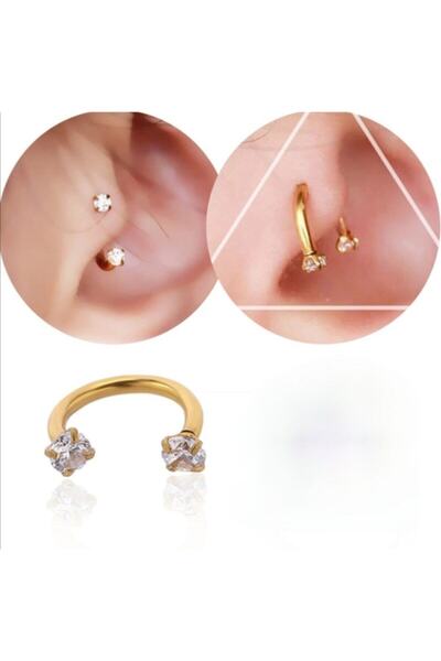 Bylin %100 316 L Cerrahi Çelik Zirkon Taşlı Gold At Nalı Piercing Halka Çap 6...