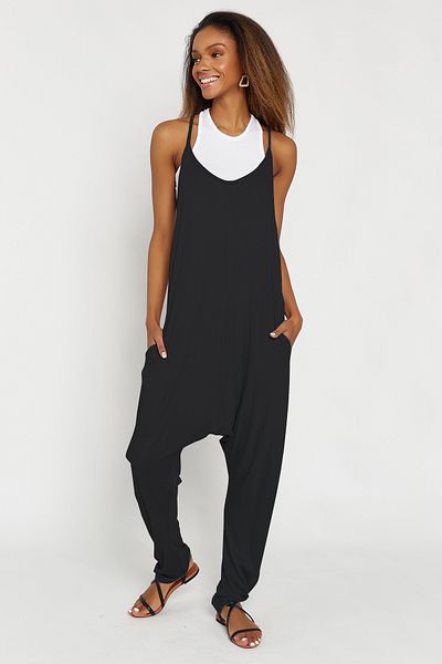 Hopoi Women's Black Back Detailed Loose Jumpsuit 25086