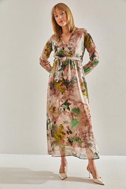 Bianco Lucci Γυναικείο φόρεμα σιφόν με διπλό στήθος, ελαστική μέση V λαιμόκοψη με μπεζ γραμμή60251001