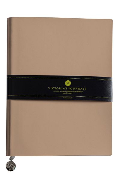 Victoria's Journals Smyth Patent Leather Flexible Cover Striped Notebook, 19x25 cm -Beige