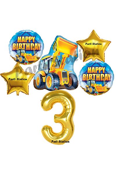 Parti Station Construction Concept Balloon Set for 3 Years Old Birthday - with Truck Scoop and Gold Figures