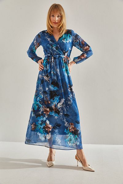 Bianco Lucci Blaues Chiffonkleid für Damen, gefüttert, elastischer Bund, V-Ausschnitt, zweireihig, mit Gürtel 60251001