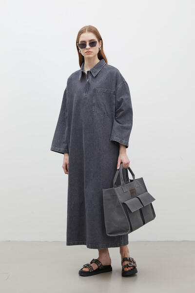 Manuka DENIMOVÉ ŠATY S DETAILEM LÍMCE ANTRACITOVÉ