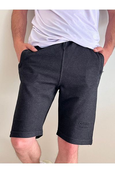 Farah Butik Men's Honeycomb Fabric Comfortable Fabric Anthracite 3 Pocket Zippered Drawstring Knee Length Shorts