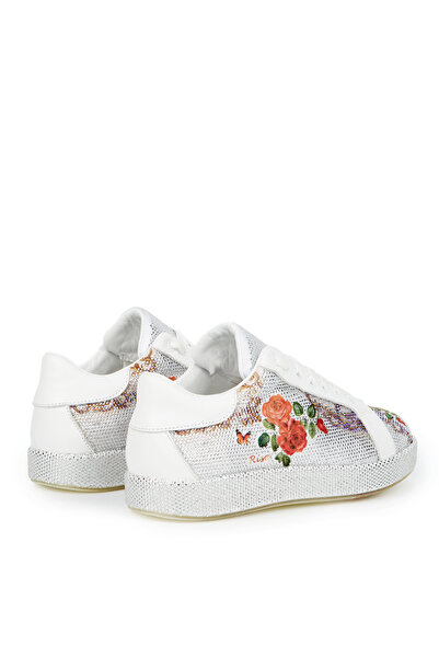 Cengiz Gümüş Beyaz Taşlı Kırmızı Çiçekli Spor Ayakkabı