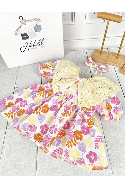 Hobidik Baby Girl Child Yellow Scalloped Cotton Poplin Fabric Floral Dress