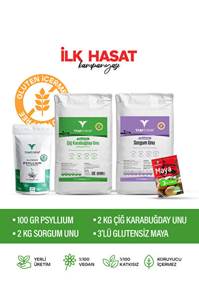 Tam Tarım Glutensiz Çiğ Karabuğday Unu 2 Kg – Sorgum Unu 2 Kg – Psyllium 100 gr – Kuru Maya