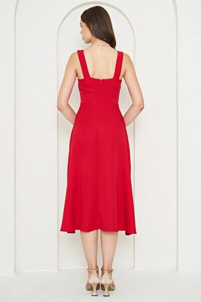 bayansepeti Női Atlas Fabric, négyszögletes gallérral, piros kiszélesedő Midi estélyi ruha 151