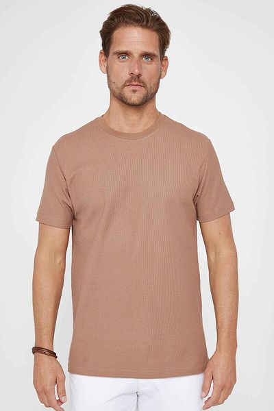 Tudors Ανδρικό T-shirt Slim Fit Slim Fit 100% βαμβάκι με απαλή υφή Camel Crew Neck T-shirt