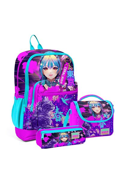 Coral High 23753 Set de rucsac de școală model anime pisică violet roz
