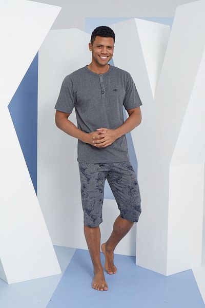 KLY Men's Oversize Cover Collar Short Sleeve Plus Size Capri Length Pajama Set