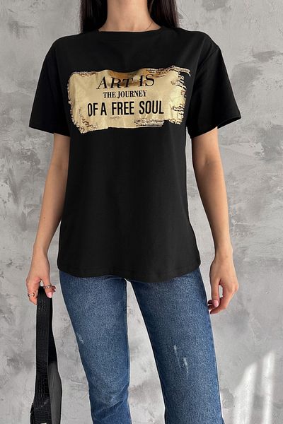 FEMELLE Tricou negru din bumbac imprimat folie pentru femei