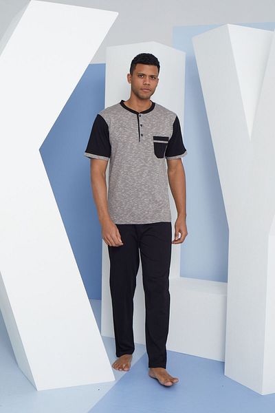 KLY Men's Oversize Midi Collar Shortcut Pocket Large Size Pajama Set