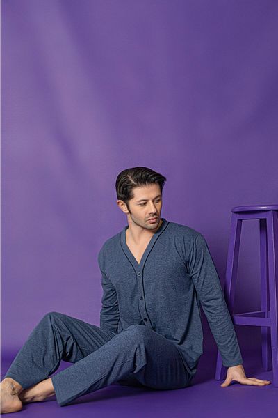 Sude HOMEWEAR Ανδρικό Σετ Πιτζάμες με υφασμάτινο ζέρσεϊ με μακρυμάνικο μπλέ βενζίνη