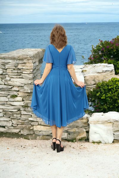 FaBe Fashion Sweetheart Neckline and Waist Pleated Midi Chiffon Dress - Short Sleeve, Wedding-Engagement-Promise-Outside Shooting