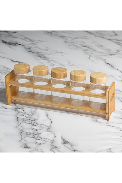 Altabi 5 Piece Glass Spice Set with Bamboo Stand - Countertop Spice Rack