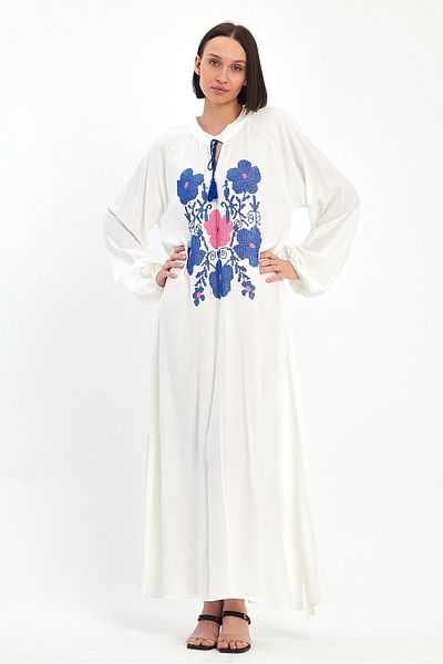 Denismoda Women's Collar Lace-up Flower Embroidery Detailed Balloon Sleeve Long Dress