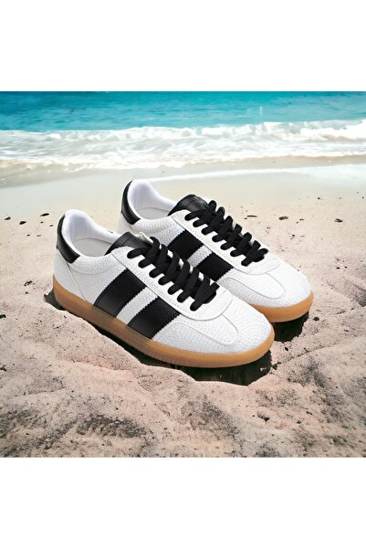 Pretty Girl Pantofi sport pentru femei alb-negru cu detaliu de broderie - talpă plată și cu șireturi