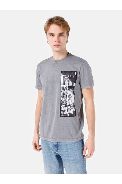 Colin's Tricou cu mânecă scurtă pentru bărbați, gri cu imprimeu, cu croiala normală, cu decolteu triplu Cl 1066983
