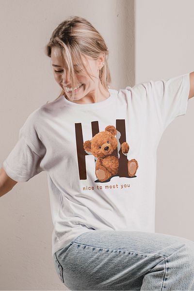 MYADA Χάρηκα που σε γνώρισα Γεια σου Γραπτό Teddy Bear μπλουζάκι μεγάλου μεγέθους με στάμπα