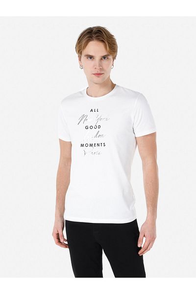 Colin's Tricou cu mânecă scurtă pentru bărbați, alb, imprimat, cu decolteu, slim-fit Cl 1064721