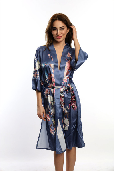 Dream Peacock Saten Desenli Mavi Rahat Sabahlık