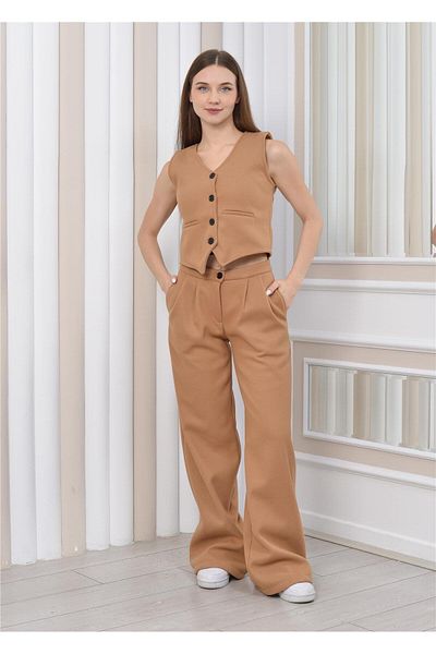 Nuseel Women's Stamped Trousers & Vest Winter Double Set Tan