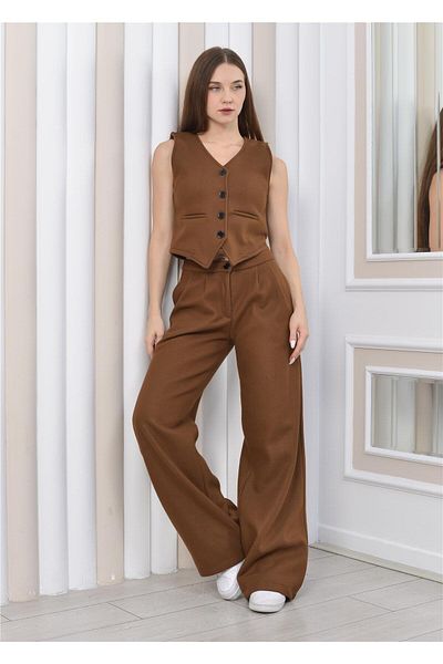 Nuseel Women's Stamped Trousers & Vest Winter Double Set Brown