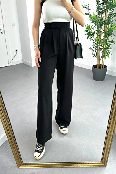 KaSheHa Kadın Siyah Yüksek Bel Cırtlı Pileli Palazzo Pantolon 102 Cm