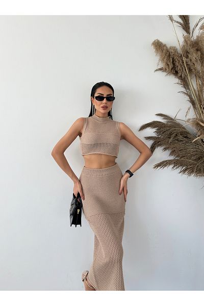 Lusin Women's Khaki Blouse Skirted Double Summer Knitwear Suit