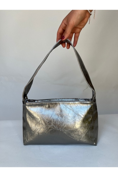 melecco Shiny Silver Metal Medium Size Patent Leather Women's Shoulder Bag Si...