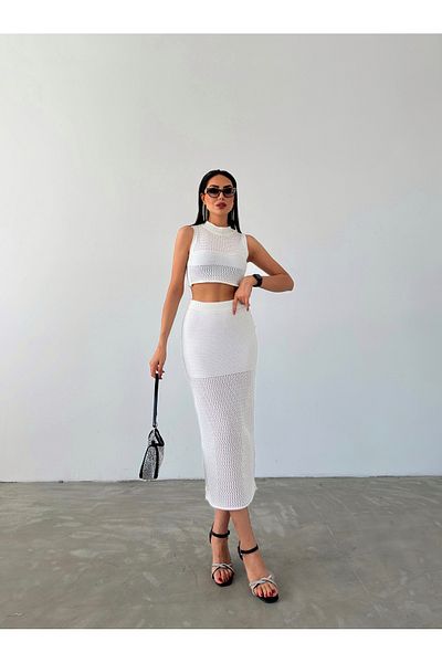 Lusin White Knitwear Blouse and Skirt Set - Women's Double Summer Set