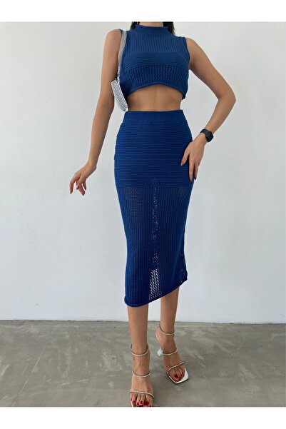 Lusin Γυναικείο Πλεκτό Σετ Navy Blue - Καλοκαιρινό Σετ με Μπλούζα και Φούστα