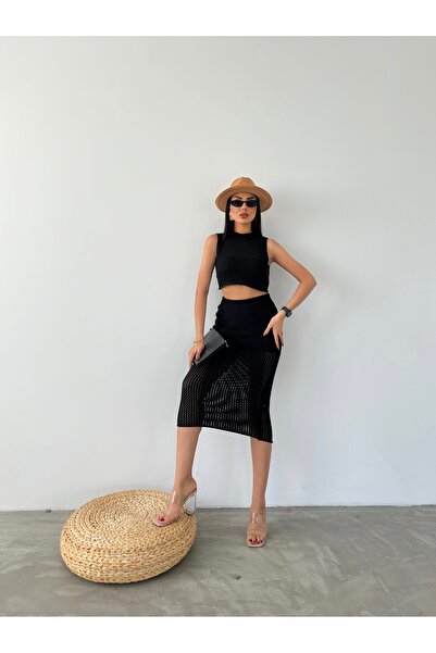 Lusin Black Knitwear Blouse and Skirt Set - Summer Set of Two